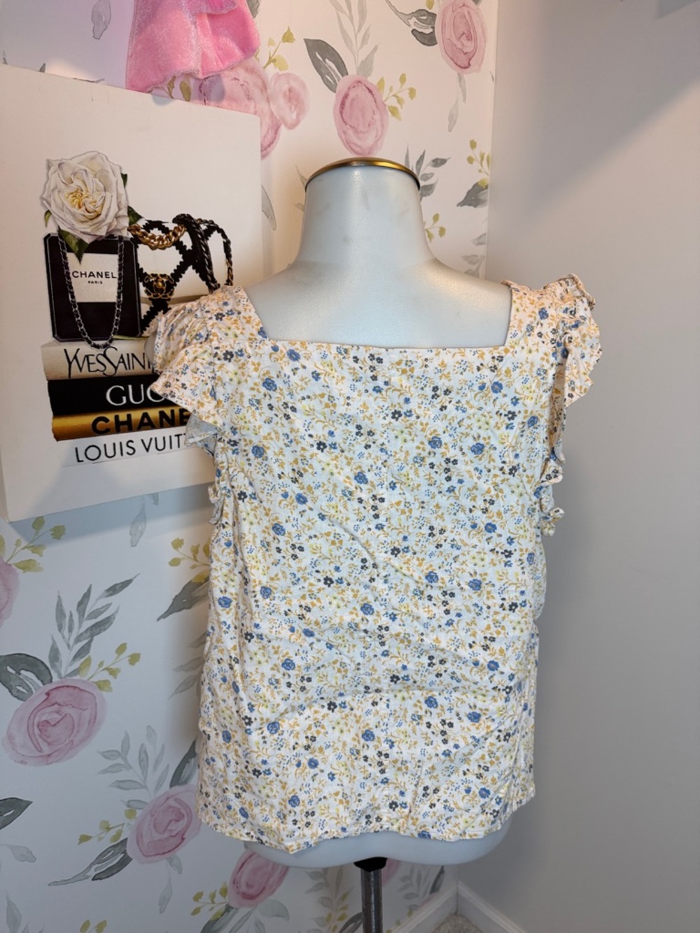 Madewell Yellow Floral Square-Neck Ruffle Button Tank - Picture 4 of 5